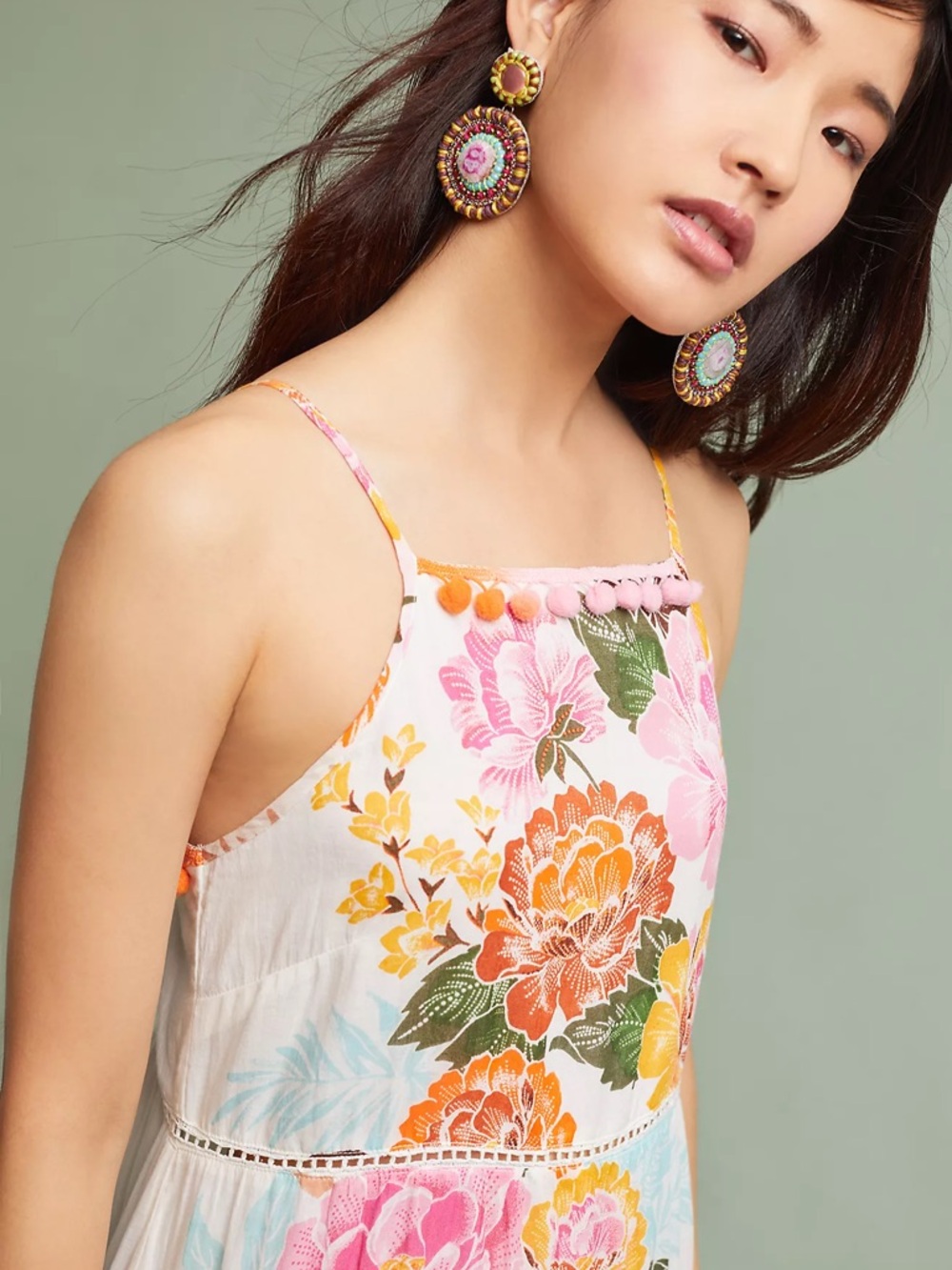 FARM RIO Floral Maxi Sundress in White with Pink & Orange Blooms - Picture 2 of 5